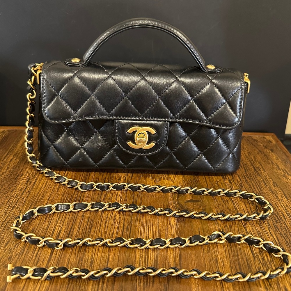 Chanel Mini Top Handle Flap Bag Black Quilted Lambskin Gold Hardware Crossbody